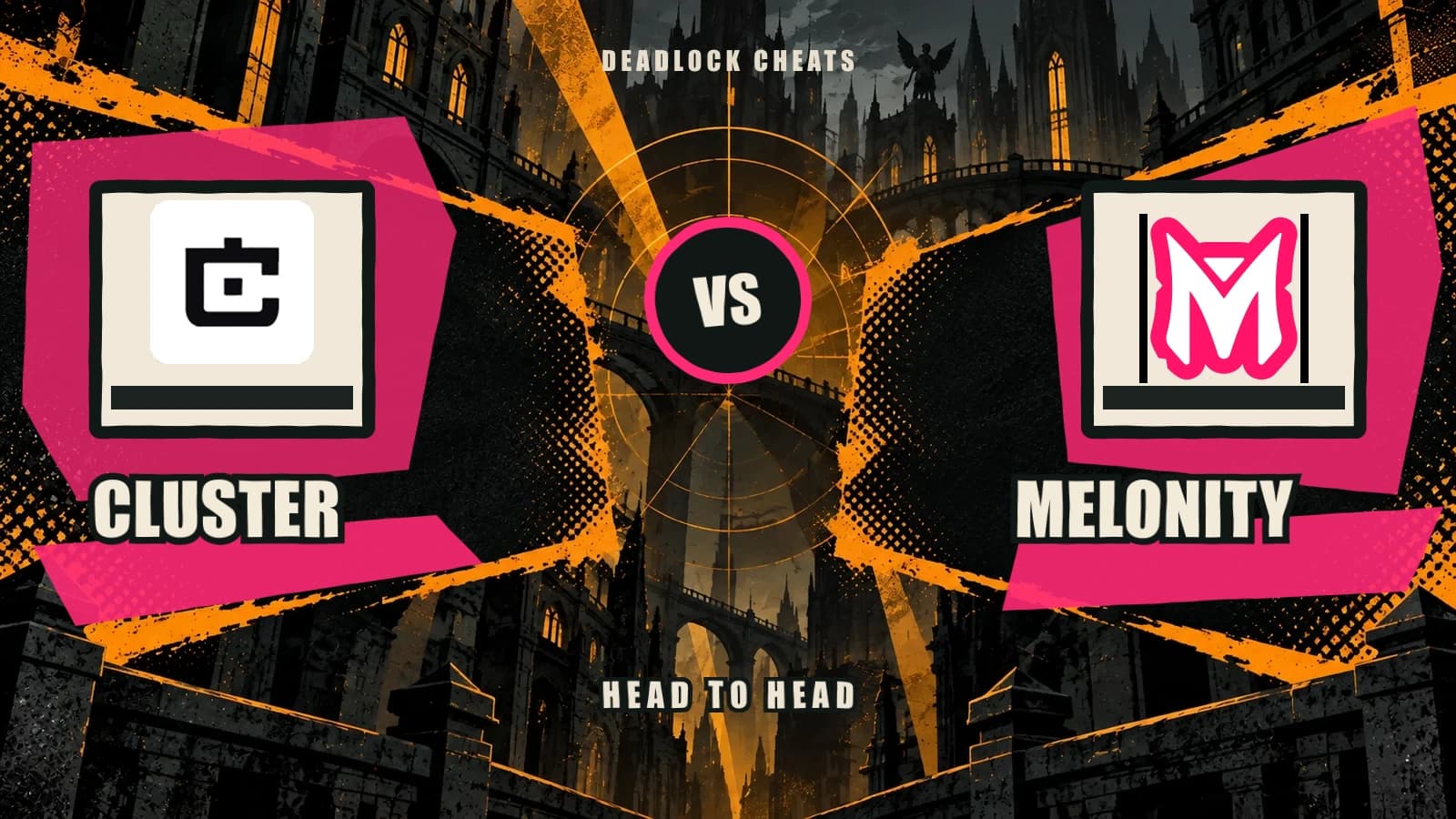 Cluster and Melonity logos facing each other on a distressed Deadlock comparison poster