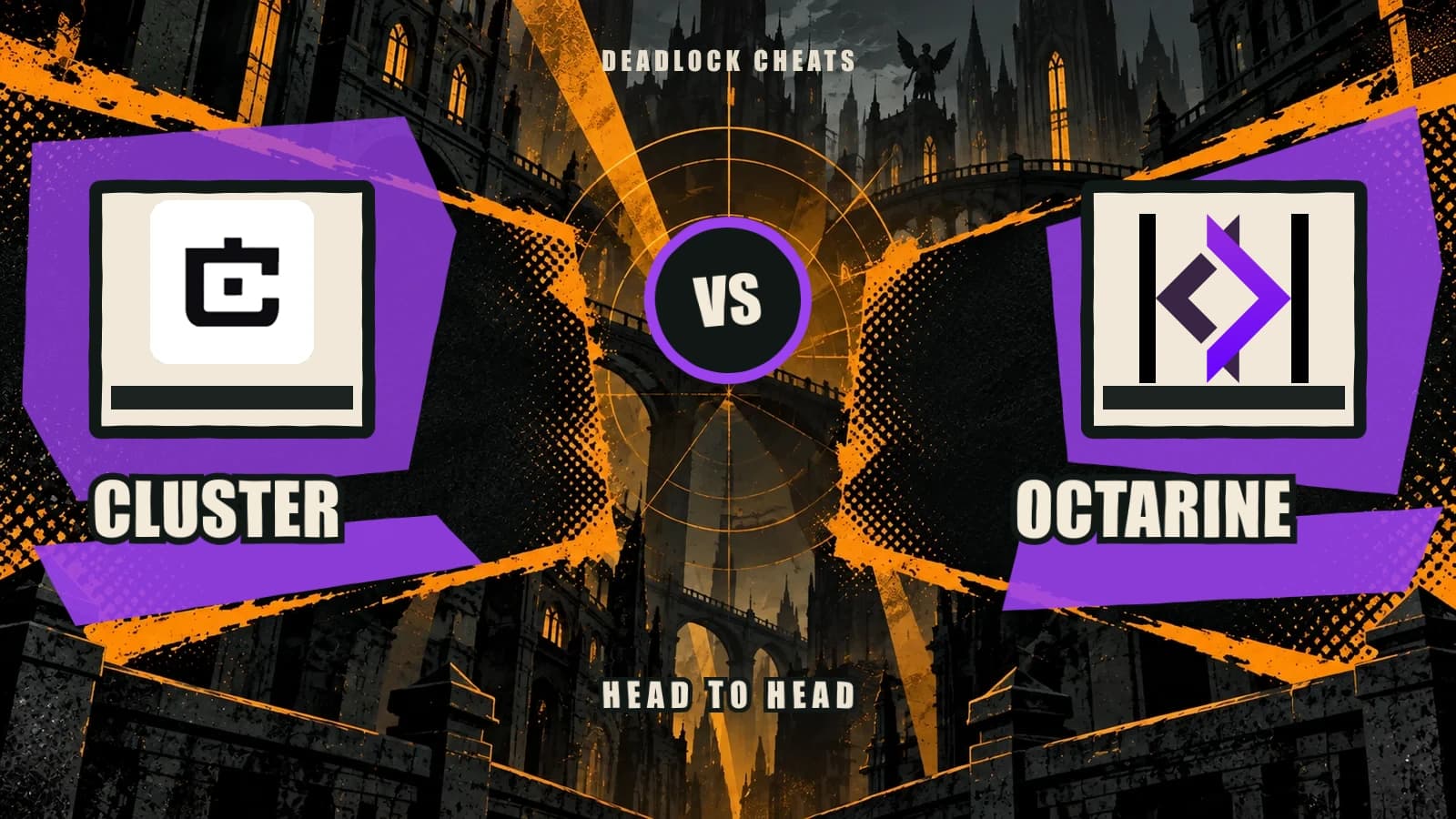 Cluster and Octarine logos facing each other on a distressed Deadlock comparison poster