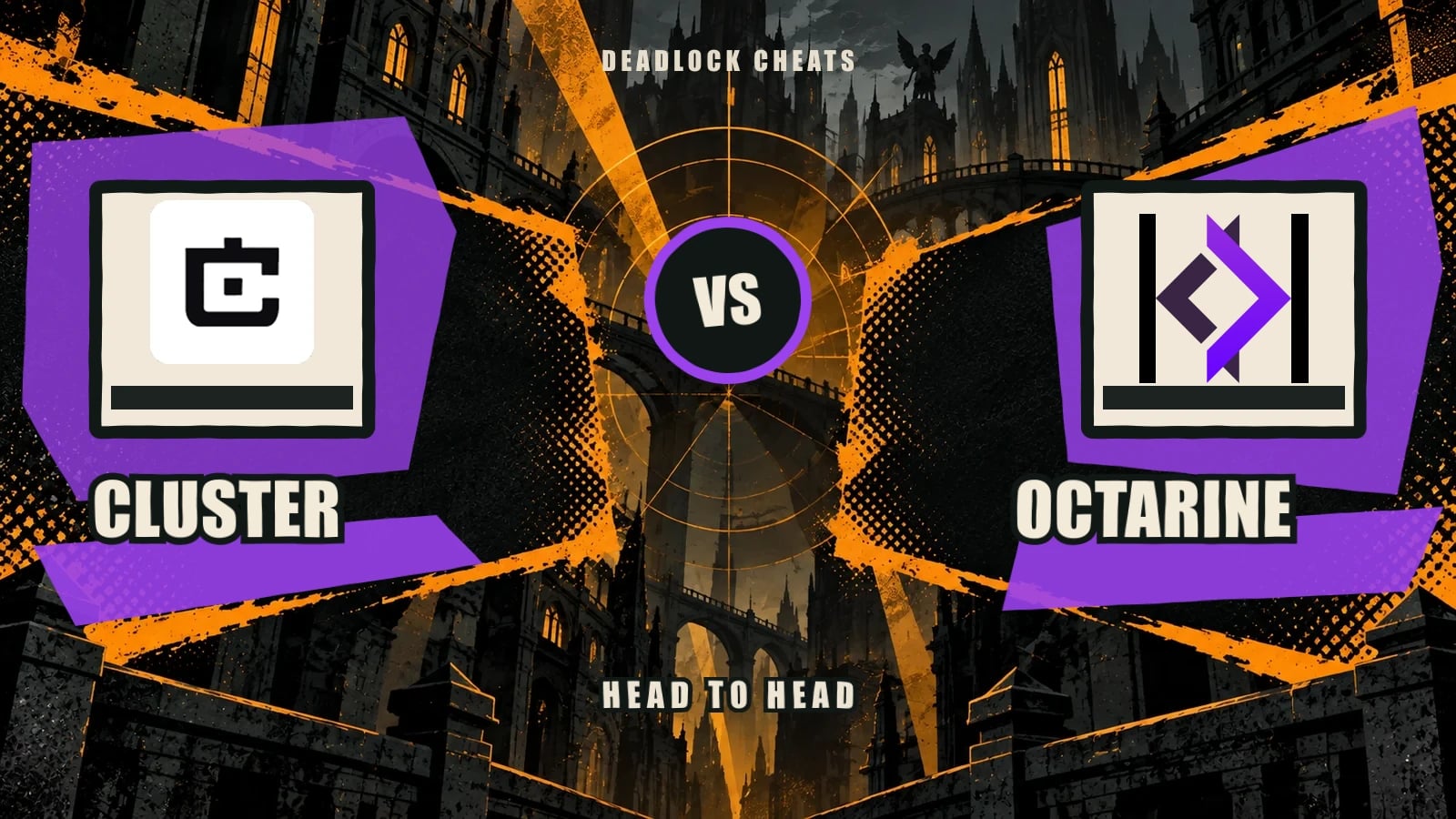 Cluster and Octarine logos facing each other on a distressed Deadlock comparison poster