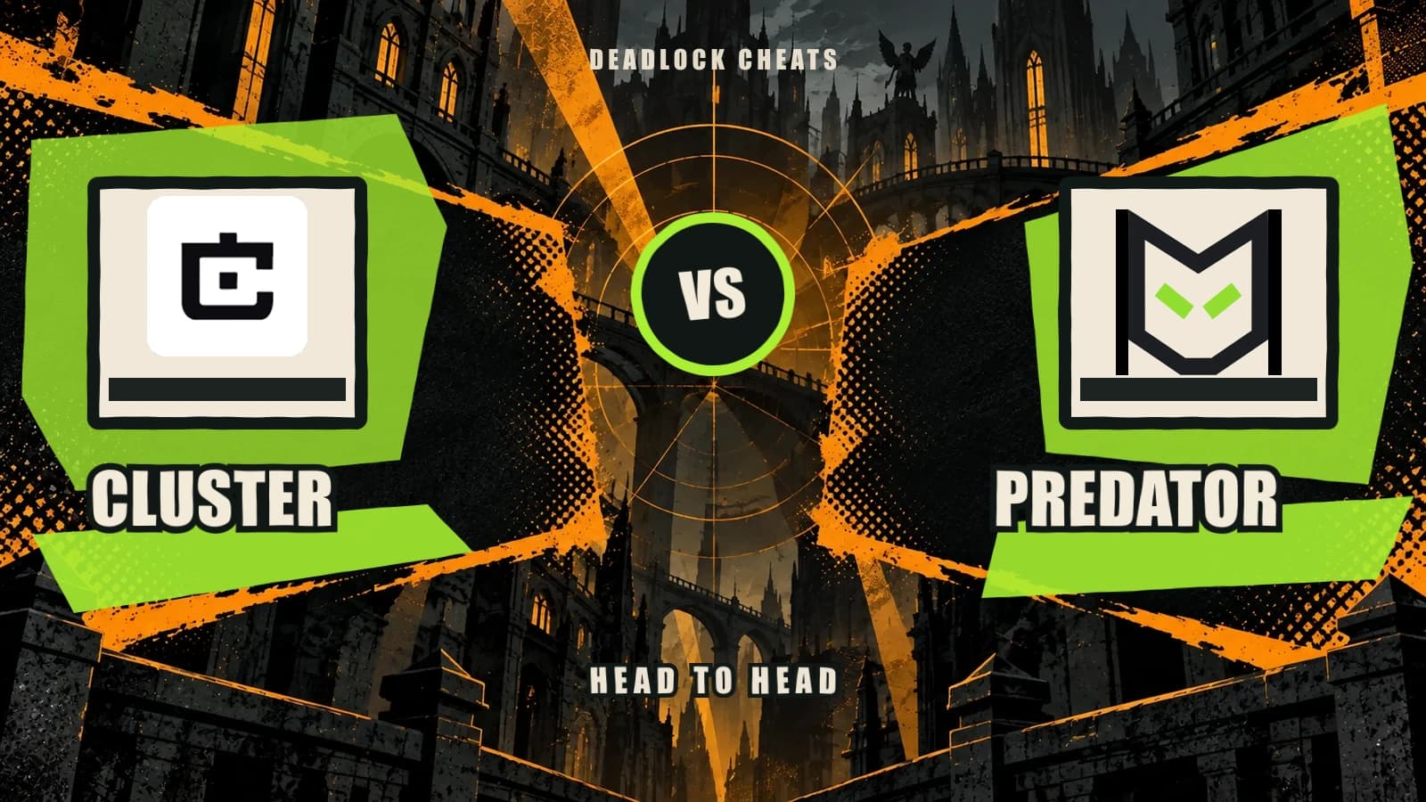 Cluster and Predator logos facing each other on a distressed Deadlock comparison poster